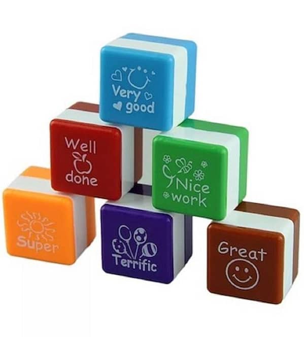 6-Piece Kids Appreciation Stamp Set – Nice Work, Super, Very Good, Terrific, Great, Well Done – Self-Inking Teacher Reward Stamps for Scrapbooking and Motivation