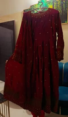 Only one time wore maroon fancy long maxi frock with dupatta