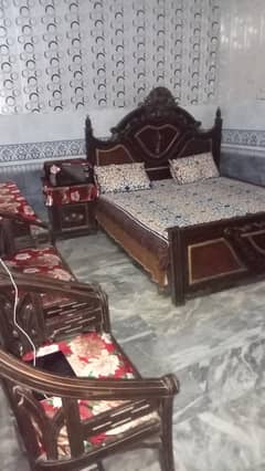 wooden bed with 2 side tables dressing and Chinese sofa 5 seater