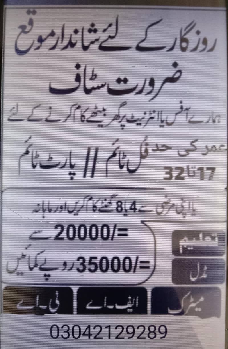 need staf for office based work for part time 0