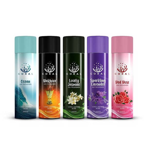 Coral Air Freshener Red Rose | Ocean | Bakhoor | Lovely Jasmine | Lavender | Pack Of 5 - 300ML Big Bottle Car, Home, Office Spray
