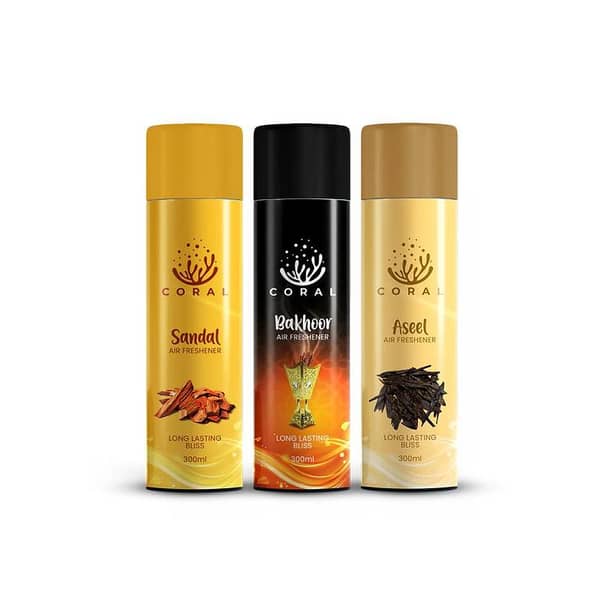 Coral Air Freshener Bakhoor | Aseel | Sandal Pack Of 3 - 300ML Big Bottle Car, Home, Office Spray