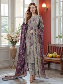 Unstitched Printed Embroidered Lawn Suit
