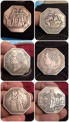 FRENCH ANTIQUE SET OF (6) OCTAGONAL SILVER COINS, RARE COINS OLD COINS