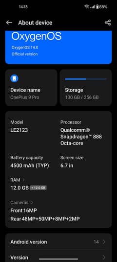 one plus 9 pro Rom 12+12"" Ram  256 10/9 condition