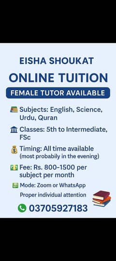 Online Female tutor available