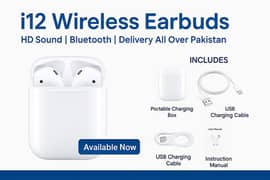 i12 Wireless Earbuds | HD Sound | Bluetooth | Delivery All Over Pakist