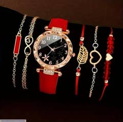 Women Red lather Quartzs wristwatch for women's-with braclate set