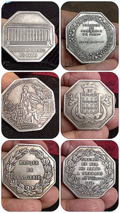 FRENCH ANTIQUE SET OF (6) OCTAGONAL SILVER COINS, RARE COINS OLD COINS