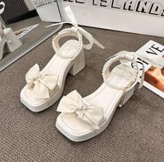 Women Elegant Thick Sole Sandals with Large Bow, Pearl & Chain Strap
