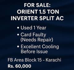 FOR SALE: ORIENT 1.5 Ton Inverter Split AC – Karachi