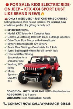 Kids Electric Ride-On Jeep – KTX 4X4 Sport (Just Like Brand New!) 