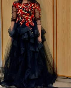 elegant black maxi dress with embroided floral detail