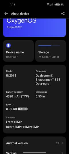 OnePlus 8.8GB . 128 GB