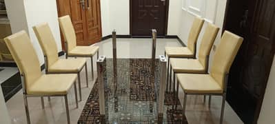 Stainless steel 6 Chairs with dinning table 4 pillar,