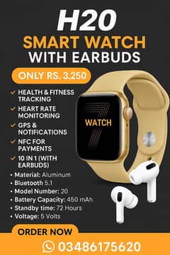  H20 Smart Watch with Earbuds – 10 in 1 Combo