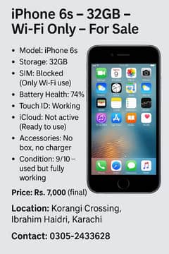 iPhone 6s – 32GB – Wi-Fi Only – For Sale