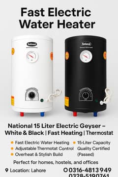 National 15 Liter Electric Geyser White & Black Fast Heating brand new