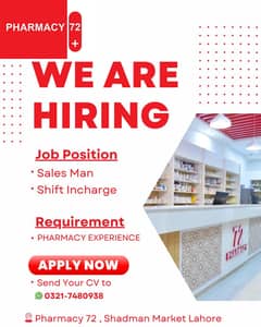 We're hiring Sales Man and Shift Incharge.
