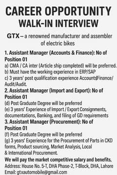 Assistant Manager Accounts & Finance/ Import & Export)/ Purchase