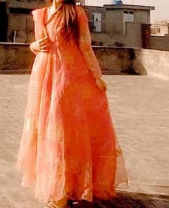 pink organza full flare frok with dupatta only 2 time used