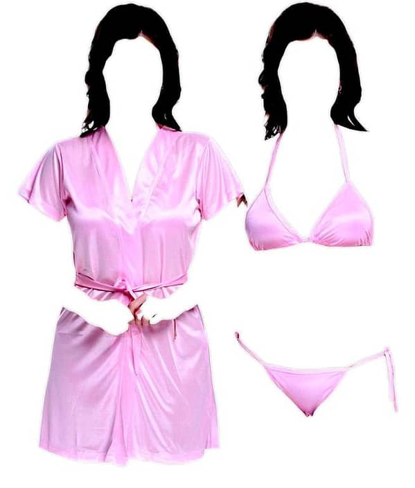 Memon Online Women's 3-Piece Silk Satin Nighty Sleepwear Set with Robe and Short Gown - Bridal Lingerie for Nightwear and Parties, Includes Free Bra, Model BI-015