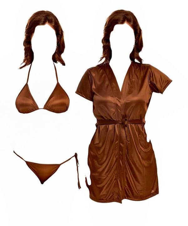 Silk Wear Women’s 3-Piece Nighty Set with Robe and Short Gown - Bridal Lingerie for Nightwear, Model BI-015