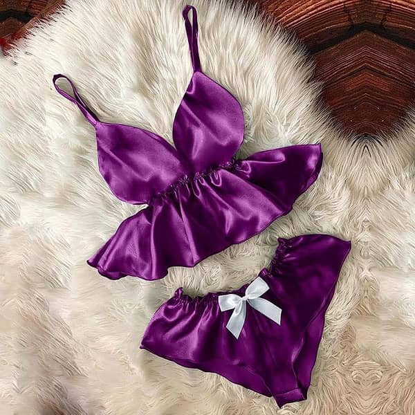 Silk Wear BI-014 Nighty Set for Women - V-Neck Stretchable Cami and Bowknot Shorts Sleepwear - 2 Piece Set