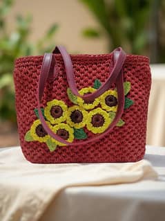 Red Sun flower Hand Bag Fully Hand Made Quality