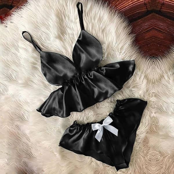 V-Neck Stretchable Cami and Bowknot Shorts Nighty Set for Women