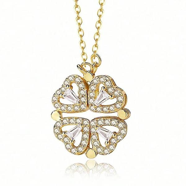 Heart-Shaped Four-Leaf Clover Necklace with Magnetic Folding Design – Gold & Silver Crystal Pendant for Women, Wear it Two Ways