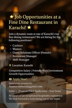  Job Opportunities at a Fine Dine Restaurant in Karachi! 