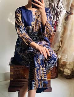 2 Pcs Women's Stitched Linen Block Printed Shirt And Trouser
