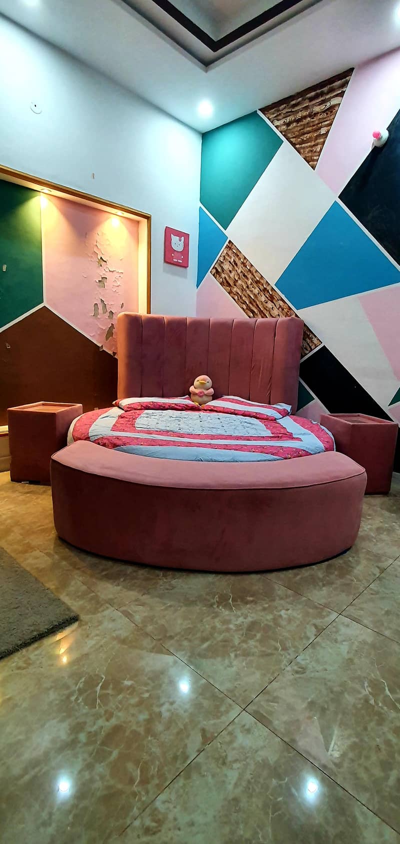 Round bed set with side tables front setti and 2 chairs with table 2