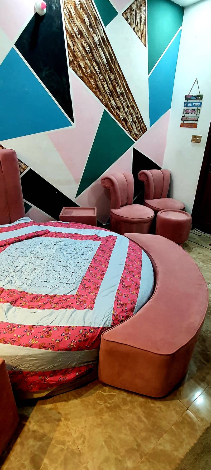 Round bed set with side tables front setti and 2 chairs with table 5