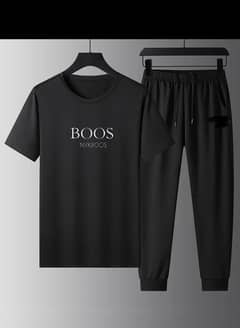 Men's Black Polyester Track Suit -2 Pcs -Plain Round Neck Set