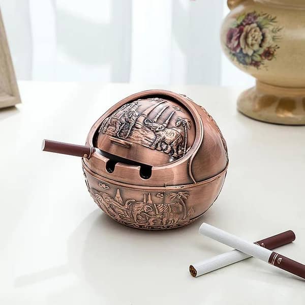 Vintage Metal Ashtray with Lid - Mughal Embossed Artwork, Decorative