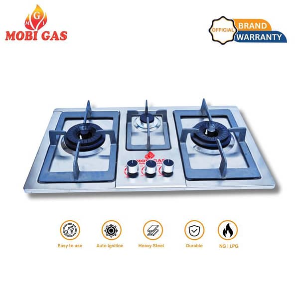 MobiGas MM315 Built-in 3-Burner Gas Hob with Stainless Steel Cooktop and Heavy-Duty Grills