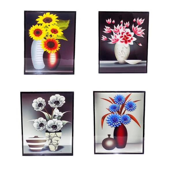 Set of 4 Wooden Frames with Floral Digital Art for Wall Decor - Flower Prints for Living Room and Bedroom