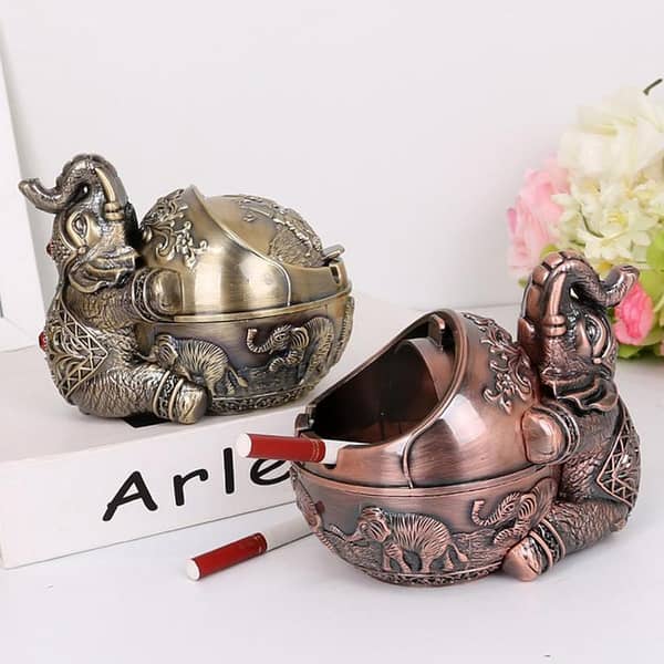 Vintage Metal Elephant Ashtray - Windproof Lid - Antique Pakistani Decor For Home and Office Decor