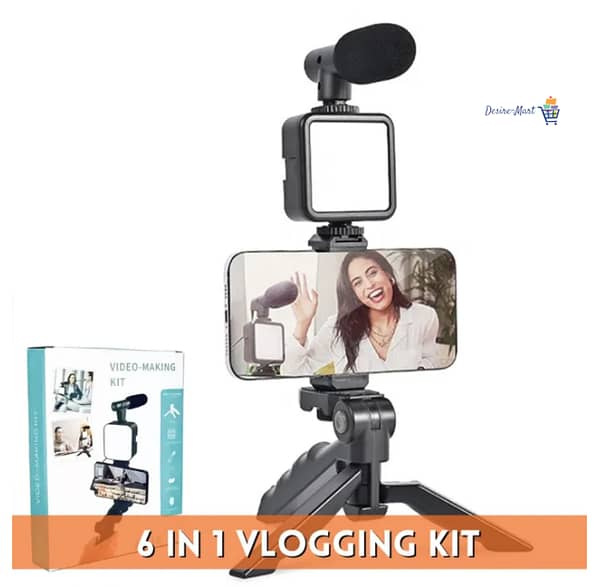 AY-49 Vlogging Kit: Tripod, Microphone, LED Light and Mobile Holder for DSLR and Smartphone Video Recording