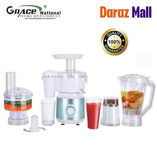 Grace National Kitchen Master Food Processor with Unbreakable Jug, Chopper, Dry Mill, Plastic Jar & Vegetable Cutter, Meat Blade - 2-Year Motor Warranty