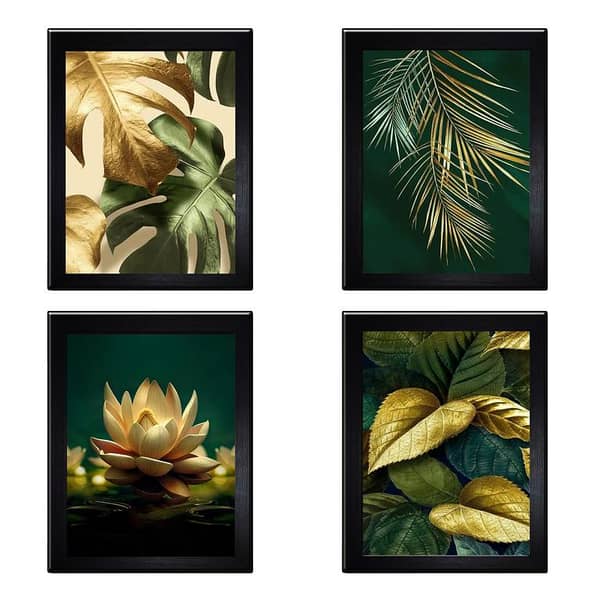 Black Photo Frames With Beautiful Artwork - Set of 4 Frames With Front Glass For Home and Office Wall Decor - Decoration Items  - Wall Hanging Frames