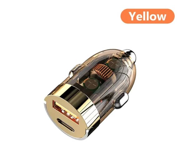 Transparent Mini Car Charger with Dual USB and C Ports - Fast Charging QC3.0 PD Charger for iPhone, Xiaomi and Samsung