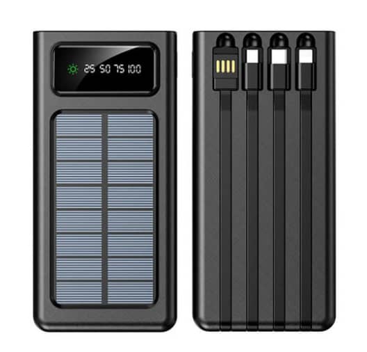 J-CELL J-102 10000mAh Solar Power Bank with 4 Charging Cables – Compatible with iPhone, Android & Other Devices (Black & White)