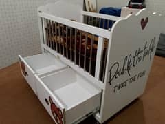 Like-New Baby Cot with Mattress, Drawers & Teddy Bear Art