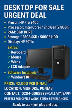 Urgent Sale – HP i7 Desktop + 20” HP LED – Ideal for Study & Work
