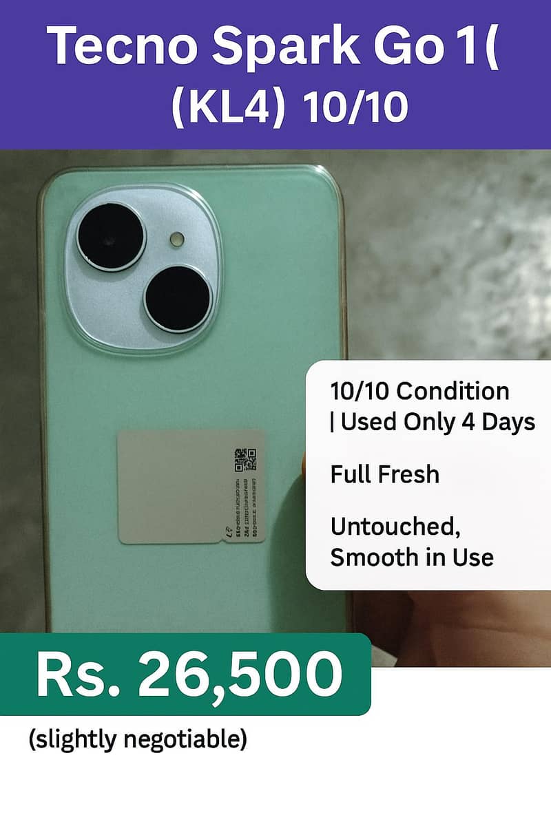 Tecno spark go 1 (KL4)10/10 condition used 4 days full fresh 0