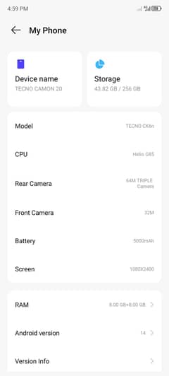 Tecno Comon 20 8+8 256 new condition