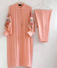 2 pcs Women stitched Linen Embroidered Suit